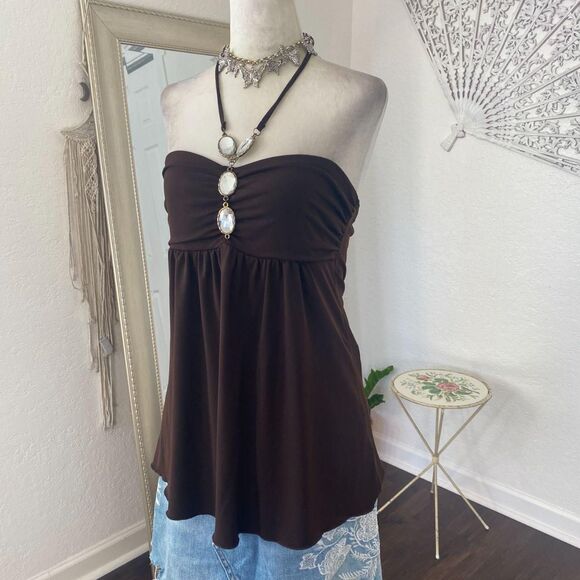 BCX Made in USA Early 2000's Dark Brown Cinched Babydoll Rhinestone Halter Top L - Picture 4 of 8